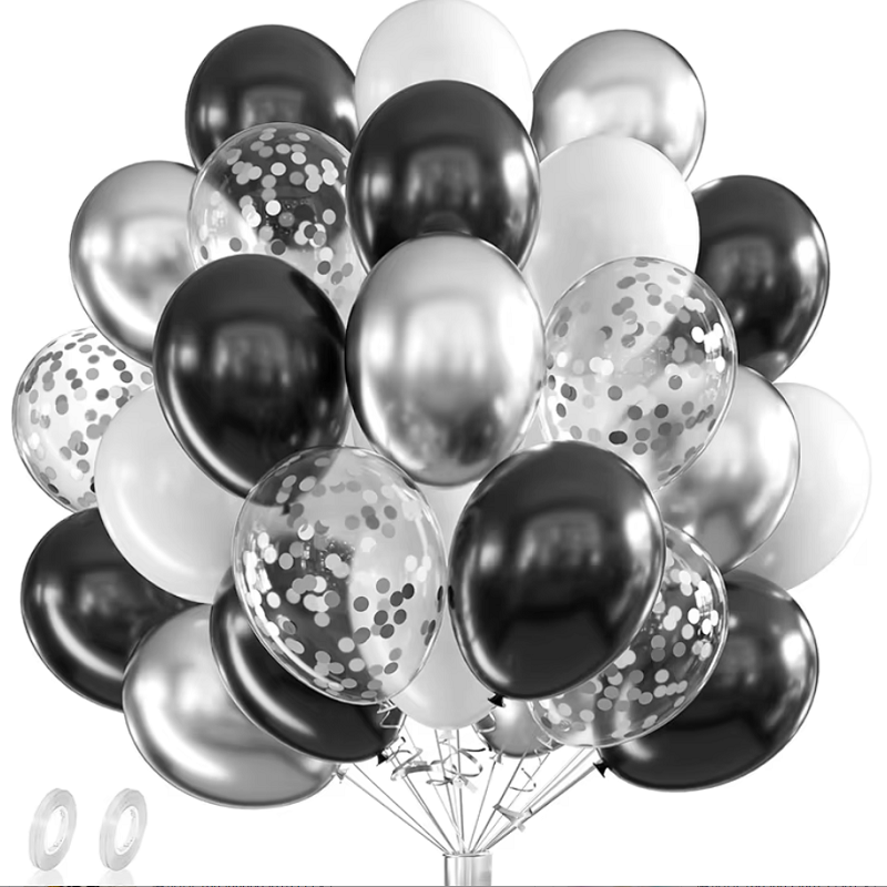 Balloon Pump Hand - 42개 실버 블랙 화이트 컨페티 라텍스