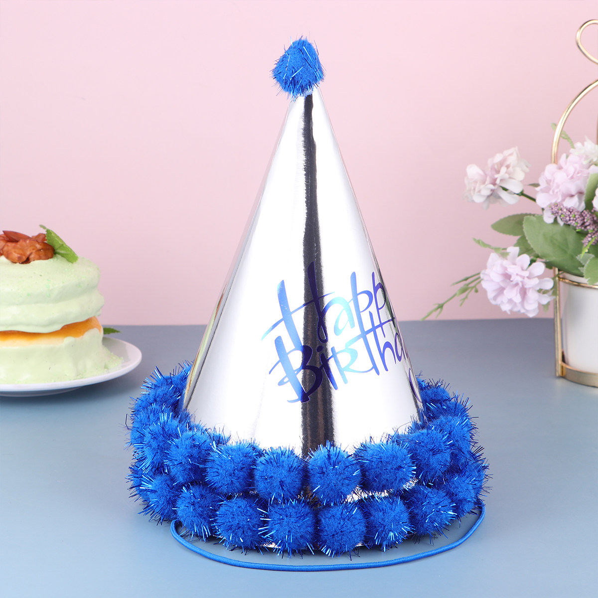 짙은 파란색 반짝이는 종이 폼폰 장식 생일 모자 5개  - Party Hat Cone 리뷰 및 가격